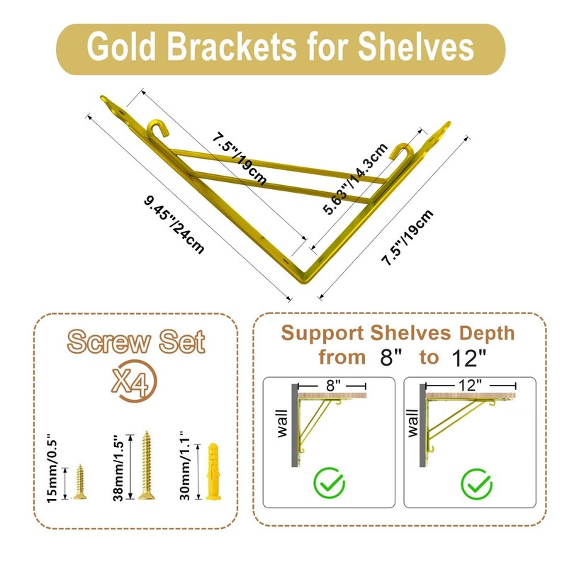 Z METNAL Gold Shelf Brackets, Triangle Shelving Brackets, Versatile Right