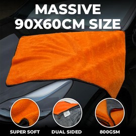 Towelogy® Car Drying Towel Extra Large - Double Sided 90x60cm Microfibre Drying Cloth - Super Absorbent One Pass Car Towel (Orange/Grey)
