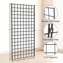 Yeson 2' x 4' Black Gridwall Panels, 4-Pack Heavy-Duty Wire Grid Panel with 9 Connectors & 20 Hooks, Commercial & Home Wall Grid Display for Retail, Craft Shows, and Room Organization – 3" x 3" Grid