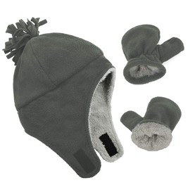 Durio Baby Hat and Gloves Set Boys Winter Hat and Mittens Warm Lined Fleece Hat Caps Ear Flap Toddler Children Girls, darkgray