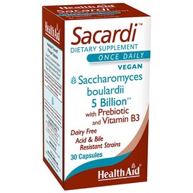 Sacardi Saccharomyces Boulardii – Once-Daily with Vitamin B3 & FOS | 5 Billion CFU | 30 Vegan Tablets | Dairy-Free & Acid-Resistant