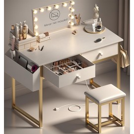 Makeup Vanity Desk No Mirror with Chair for Girls, White Small Vanity Table Set with Fabric Drawers, Power Outlet Without Mirror, Modern Make Up Desk for Bedroom