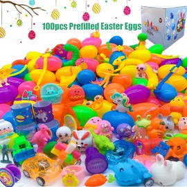 PDFVS 100 Pcs Prefilled Easter Eggs Filled with Novelty Toys,Bright Colorful for Easter Basket Stuffers,Easter Party Favors and Hunt