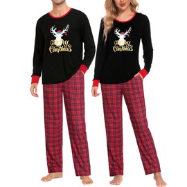 SWOMOG Couple Pajamas Set Christmas Matching Pjs Long Sleeve Set Xmas Printed Pajamas for Men&Women Plaid Pants with Pockets