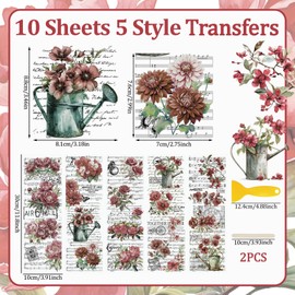 WANDIC 10 Sheets Rub On Transfer Sticker, Vintage Red Flower Decals with Lettering Furniture Floral Stickers for Table Water Bottle DIY Craft, 11.8 * 3.9in