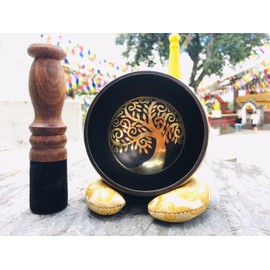 Sadhana Tibetan Bronze Singing Bowl Set - Hand-hammered Tree of Life and Mantra Sound Bowl Made in Nepal for Meditation, Yoga, Chakra Balance and Sound Relaxation Therapy (Black & Golden, 9.5cm)