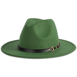 Verabella Wide Brim Felt Fedora Hat Men Women Belt Buckle Panama Jazz Hat Trilby Hat, Green S/M