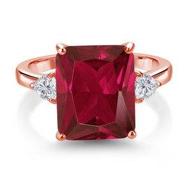 Gem Stone King 18K Rose Gold Plated Silver Red Created Ruby and Lab Grown Diamond 3-Stone Engagement Ring For Women | 5.98 Cttw | Octagon 12X10MM | Gemstone July Birthstone | Size 9