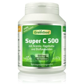 Super Vegan C – 500 mg Vitamin C, Hochdosiert Tablets with Rose Hips and Bioflavonoids Acerola – Strengthens the Immune System, Anti Ageing. No Artificial Additives. GM Free. Vegan., , ,