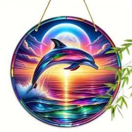 Vibrant Dolphin Sunrise Acrylic Stained Windows Hanging Suncatcher,Flower Stained Acrylic Suncatchers Window Ornament Stained Glass Panel Sun Catcher Wall Hanging Decor Birthday Gifts