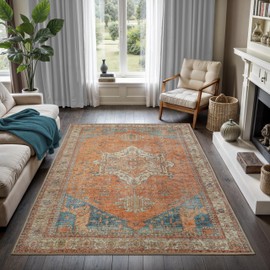 GLN Traditional Collection - Machine Washable Area Rug, Non Slip Chenille, Low Pile Living Room, Bedroom & Kitchen Rug (6'x9' Burnt Orange)