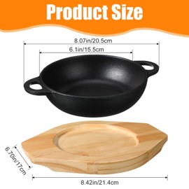 Jingmore 2 Sets Mini Cast Iron Skillet with Wooden Base Mini Cast Iron Sizzler Plates Skillet Mini Cast Iron Pan Round Fajita Plate Hot Steak Skillet Dish for Baking Cooking (6.1 Inch)