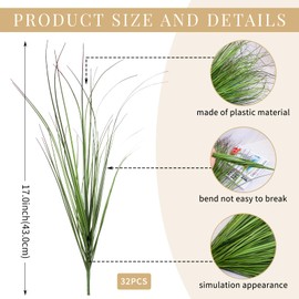 32 Bundles Artificial Plants Onion Grass Outdoor 17 Inch Tall Fake Shrubs Wheat Grass UV Resistant Greenery Stems Faux Bushes Plant for Indoor Outdoor Garden Office Home Decor（Green Red Tail）