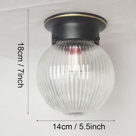 WOERFU Black Globe Glass Semi Flush Mount Ceiling Light, Creative Small Hallway Light Fixture, Vintage Close to Ceiling Light Fixture for Bathroom, Entryway, Hallway, Porch (Clear Striped Glass)