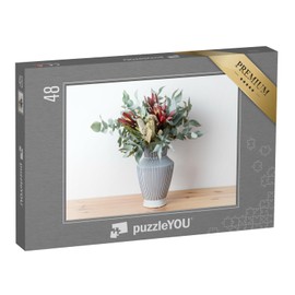 puzzleYOU: 48 Piece Puzzle "Flowers from Australia in a Bouquet: Banksia, Silvan Reds and Eucalyptus Leaves" - From the Puzzle Collection Flower Vases, Flowers & Plants