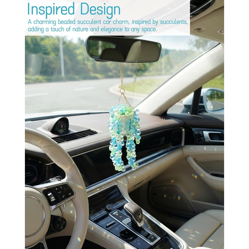 Beaded Succulent Car Charm - Cute Plastic Hanging Plant Ornament,