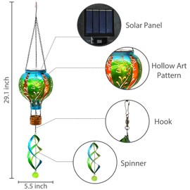 SUNNYPARK Hot Air Balloon Solar Lantern Hummingbird Wind Spinners with Flickering Flame Light Hanging Solar Lantern Outdoor Waterproof Decorations for Outside Patio Garden Yard