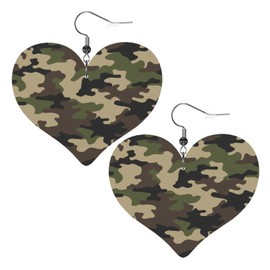 Camo Earrings For Women Army Green Camouflage Faux Leather Lightweight Heart Dangle Earrings