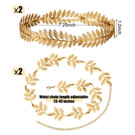 Gejoy 2 Greek Goddess Accessories Set, 2 Pcs Gold Laurel Wreath Leaf Crown and 2 Pcs Headband Leaf Waist Chain Belt for Toga Roman Costume Accessory Headpiece