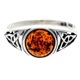 Silver Amber Jewellery - 925 Sterling Silver and Cognac Baltic Amber Round Celtic Designer Ring - UK Rng Size L - AR5CL