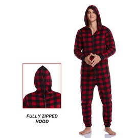COLORFULLEAF Couples Matching Christmas Pajamas Sets Hooded Fleece Zipper Plaid Pjs Set Union Suits Soft Warm Jumpsuit(Mens, DR, M)