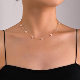 Allereyae Vintage Pearl Station Necklace Boho Pearl Choker Necklace Floating Pearl Necklace Gold Minimal Pearl Necklace Jewelry for Women