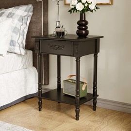 WOODTIME Vintage Nightstand with Storage Drawer and Open Shelf, Carved Bedside End Side Table for Bedroom, Black