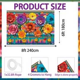Mexican Fiesta Backdrop Colorful Paper Flower Striped Photography Background for Cinco de Mayo Fiesta Party Mexican Themed Event Banner Photo Booth Props 8x6FT