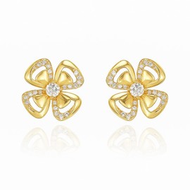 Gold Flower Stud Earrings for Women Dainty Cubic Zirconia Floral Four Petal Earrings Fashion Jewelry for Women (Gold)