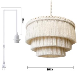 lagom Bohemia Tassel Pendant Light, Fringe Chandelier Ceiling Light Handmade,Boho Light Fixture Cotton Fringes Ceiling Light (BEİGE-16'' WİDE, Plug İN)