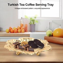 Round Gold Metal Serving Tray, Turkish Round Coffee Tray Embossed Pattern Bowl Vintage Food Serving Trays Retro Style Snack Dessert Storage Plates for countertop Decor (18cm/7.09in)