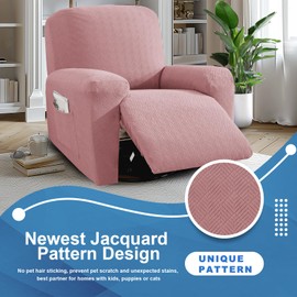 JIVINER 3 Piece Recliner Chair Cover Stretch Lazy Boy Non Slip Covers for Recliner with Pockets Soft Jacquard Reclining Sofa Slipcovers Furniture Protector with Elastic Bottom (1 Seater, Dusty Pink)