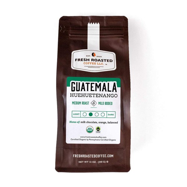 Fresh Roasted Coffee LLC, Organic Guatemalan Huehuetenango Coffee, Medium Roast, Whole Bean, 12 Ounce Bag