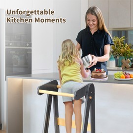 Foldable Toddler Tower Preassembled Kitchen Step Stool, Folding Tower for Learning with 3 Adjustable Heights Montessori Toddler Standing Tower Collapsible Step Stool for Kids 1-6y GY NAT