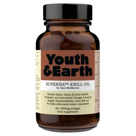 Youth & Earth Superba™ Krill Oil 500mg (60 Softgels) Source of Omega 3s EPA, DHA and Astaxanthin