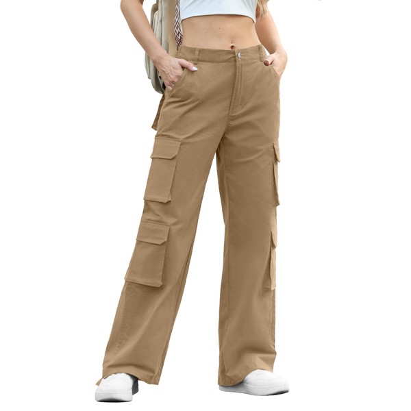 Women 8 Pockets High Waisted Cargo Pants Wide Leg Casual