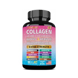 JTEVEweu Collagen Supplement - Type I, II, III, V and X - with Biotin, Keratin, Hyaluronic Acid & 13+ Extra Strength Ingredients - （90 Capsules）