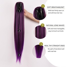 26inch Long Thick Straight Ponytail Hairpiece Invisible Claw Clip in Ponytail Extension Nature Synthetic High Ponytail Wig (Purple)