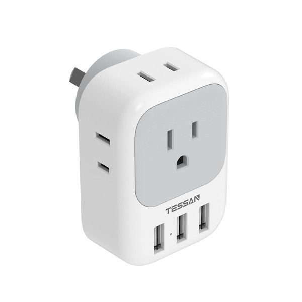Conversion Plug, O Type, International Travel Conversion Plug, 4 AC Outlets, 3 USB Ports, TESSAN Conversion Plug Adapter, O Type, Outlet Converter, Compatible with Australia, New Zealand, China, Argentina and Other Countries
