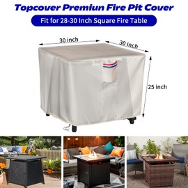 Topcover Fire Table Cover - Waterproof 600D Outdoor Firepit Covers Square Fits for 28-30 Inch Patio Gas Propane Fire Pit (Beige - 30" x 30"W x25"H)