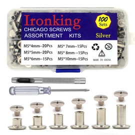 Ironking 100Sets M5 Chicago Screws Leather Rivets Assorted Metal Fasteners Buttons Screw Rivets， for Leather Craft Decorate and Repair Belts Bags Shoes Purse (SilverM5*4,5,6,7,8,10)
