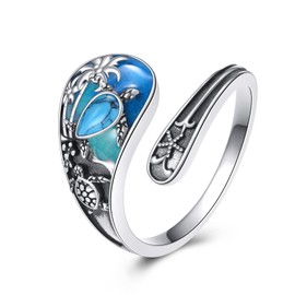 URONE Spoon Ring 925 Sterling Silver Turquoise Turtle Adjustable Open Adjustable Thumb Rings Ocean Jewellery for Women Sea Turtle Lovers