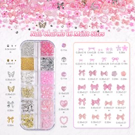 3D Nail Charms and Gems Set,Nail Bows Charms and Small Flowers,3D Flowers for Nails with Rose,Petal,Caviar Beads,Flatback Crystals,Pearls,Y2K Alloy Butterfly Bow with Tweezers for Nail DIY (Pink)