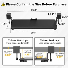BONTEC KMT01-PJ Under Desk Keyboard Tray, Pull-Out Keyboard & Mouse Platform with C-Clamp, 20 x 11.8 in Space-Saving Ergonomic Slide-Out Drawer, Black