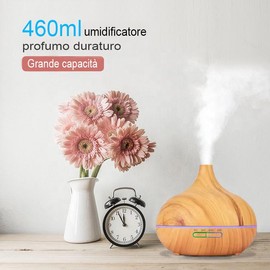 Umidificatore e Diffusore di Aromi ad Ultrasuoni con Timer 460 ml, Timer fino a 6 ore, 7 colori LED, funzione aromaterapia, ultra silenzioso