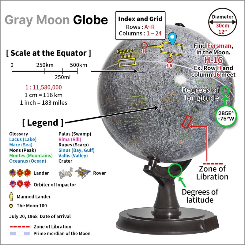 Mapsoft Prime Gray Moon Globe, 12" Lunar Globe and Atlas,