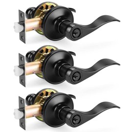 Probrico (3 Pack Black Entry Knobs with Lock and Key, Keyed Alike Lockset Combo Pack, Indoor and Outdoor Leversets, Reversible for Both Left and Right Open