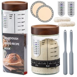 Sourdough Starter Kit,34oz Sourdough Starter Jar Glass with Sourdough Recipes Cookbook.Sourdough Bread Baking Supplies with Thermometer,Natural Wooden Lid, Anti-slip Mat,Sourdough Jar scraper (2 pack)