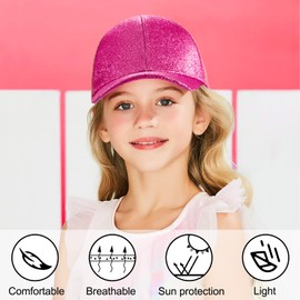 Girls' Baseball Cap Children's Glitter Baseball Cap Ponytail Hats Shiny Adjustable Sun Hat Little Girls Summer Baseball Cap for 3-8 Years Old, Rose Red