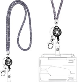 Crystal Lanyard Necklace with Transparent ID Card Holder and Key Ring, Bling Rhinestone Crystal Lanyard Strap Clear Badge Holder and Neck Strap for Keys ID Badge (Grey)